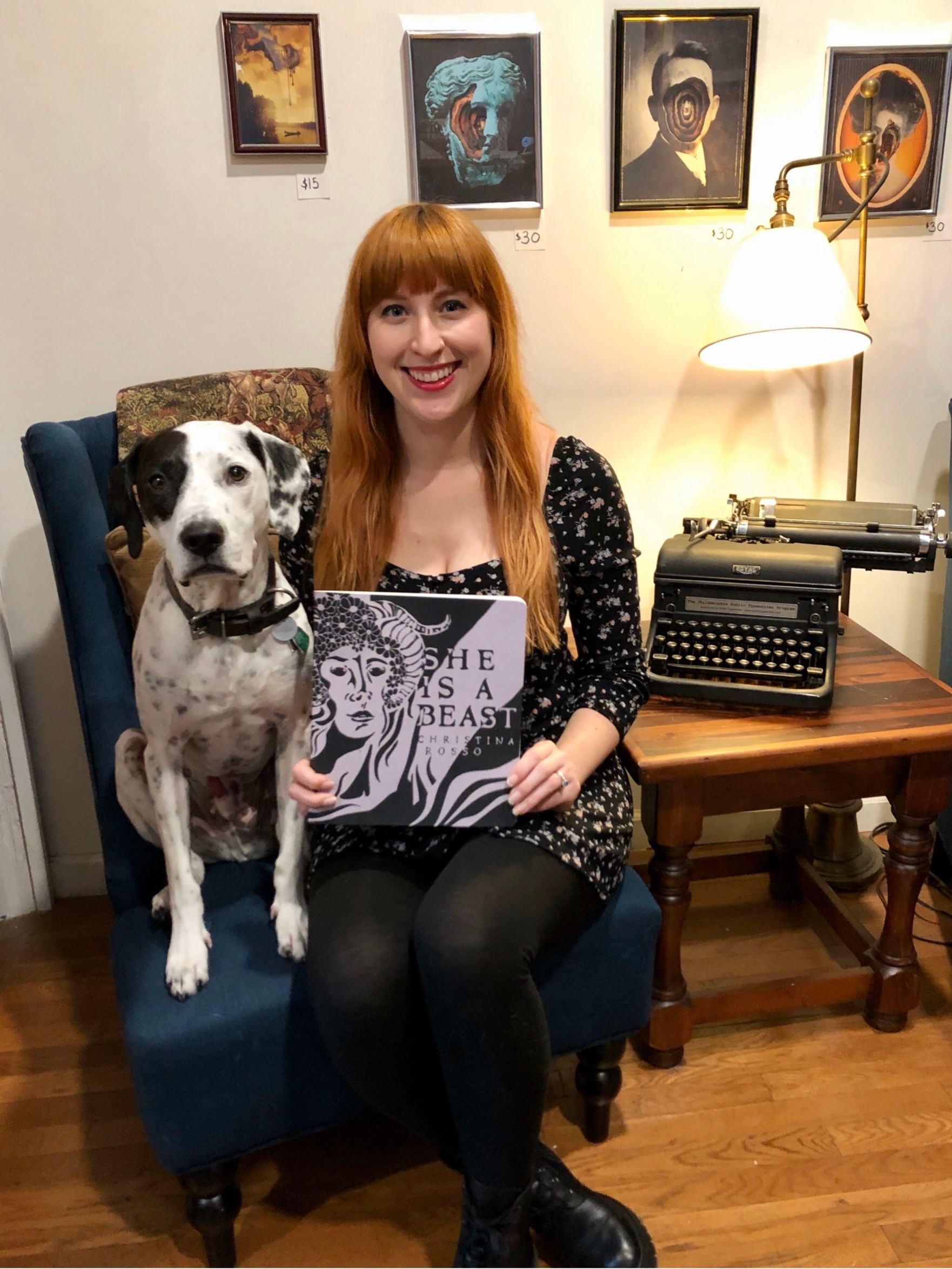 Author Christina Rosso-Schneider and her dog Atticus Finch celebrate her debut story collection, ‘She is a Beast,’ at A Novel Idea on Passyunk. (Photo courtesy of the author.)