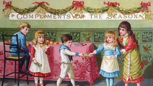 An illustrations of old-fashioned girls and boys in fancy clothes pulling Christmas crackers under an evergreen banner.