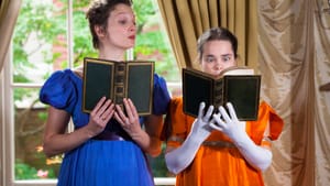 How much do you love these books? Jessica Bedford and Charlotte Northeast in ‘The Complete Works of Jane Austen, Abridged.’ (Photo by Daniel Kontz.)