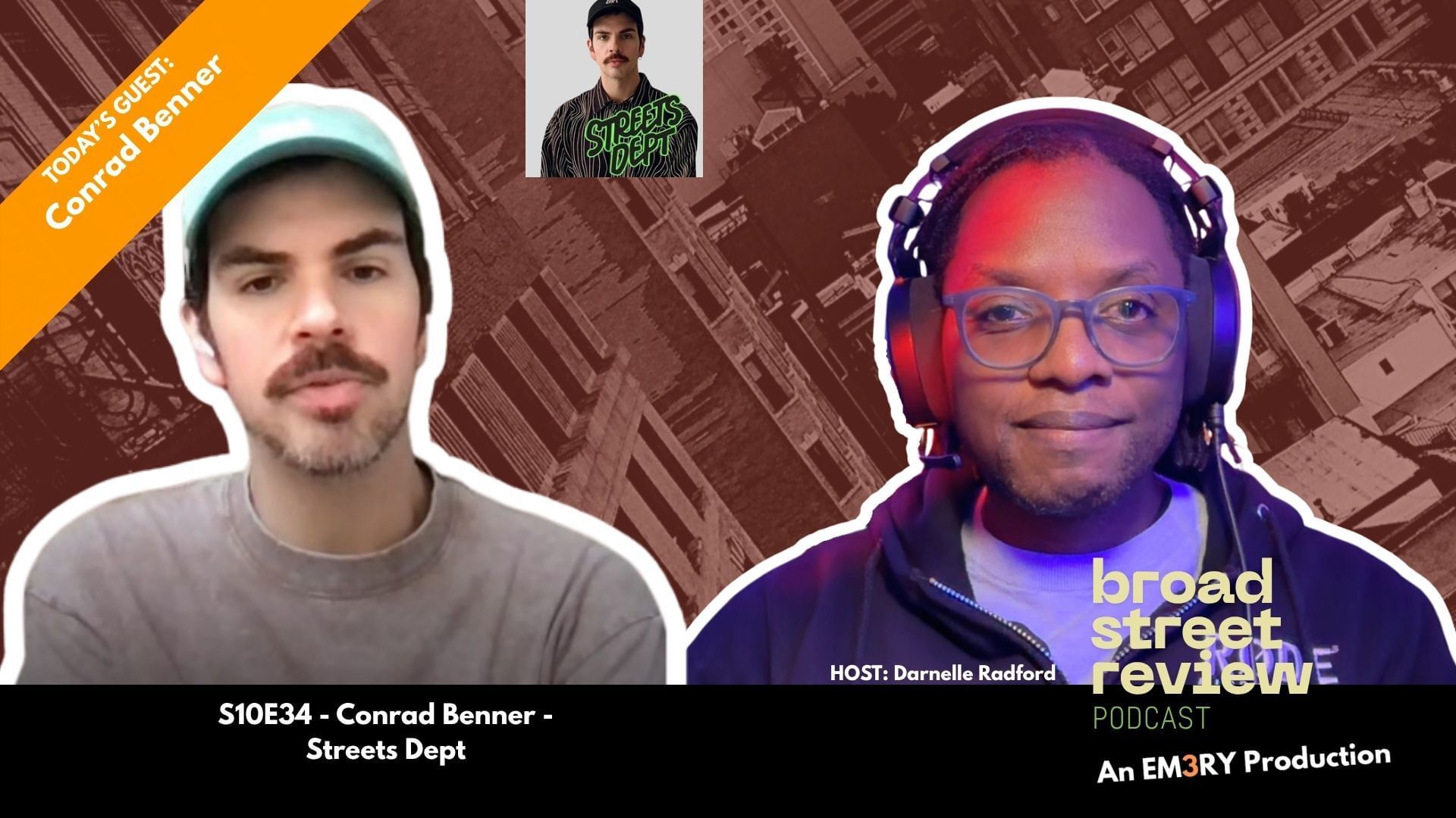 Collage image of Conrad and Darnelle with a sepia cityscape behind them.