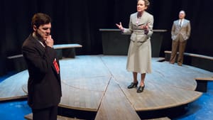 L to R: McMahon's Werner Heisenberg, Mercer's Margrethe Nørlund Bohr, and Nolan's Niels Bohr literally and figuratively circle the point. (Photo by Mark Garvin.)