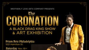 Show logo: Title at top in gold, and drag kings in gold jackets posing on the right side against a black background