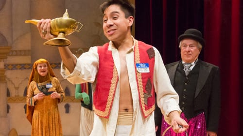 Camilo Estrada as Aladdin, flanked by Susan McKey and Tom Teti. (Photo by Mark Garvin.)