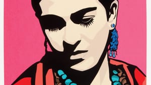 Evocative red, pink, blue, turquoise, and black image of young Kahlo, looking down thoughtfully, wearing chunky jewelry.