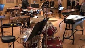 DSO percussionist Thomas Blanchard sets up for ‘Lift Off!’ at the Hotel Du Pont. (Photo by Gail Obenreder.)