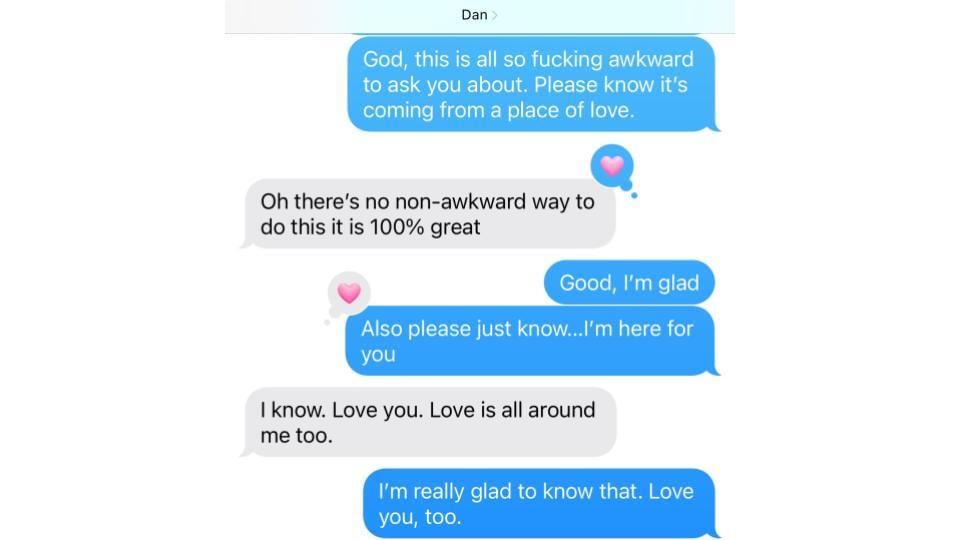 Screengrab of texts between Jill and Dan, saying that they love each other.