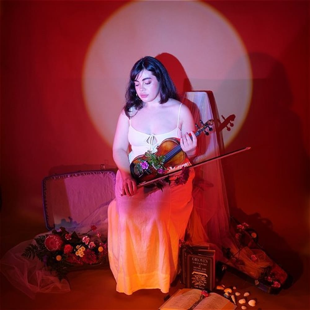 A woman sits holding a violin, lit by soft red light. She wears white, with flowers, books, other artifacts around her.