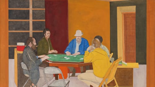 An illustration. A group of five men gather to play poker at a poker table in what looks like a casual home setting.