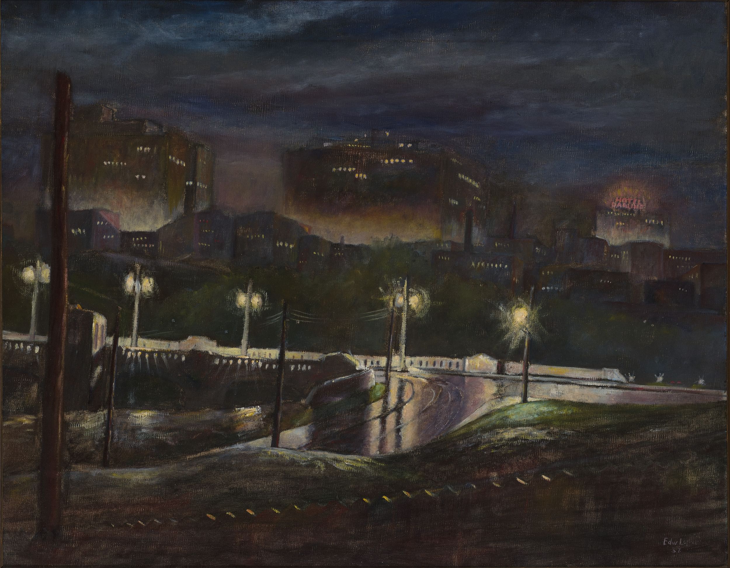 Evocative oil painting of a hilly nighttime town with ominous sky, streetlights, and their bright reflections on wet pavement