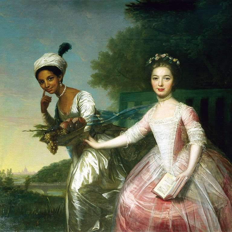 18th-century painting showing two young women, one white and one Black, in rich satiny gowns posing mischievously.