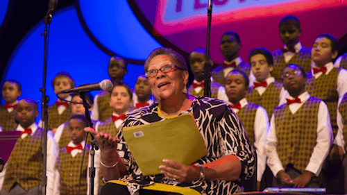 Poet Marilyn Nelson reading accompanied by the Newark Boys Chorus, 2014 Dodge Poetry Festival (Photo by T. Charles Erickson)