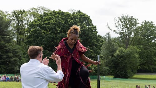 Simpson, perhaps in a nod to Hamlet's mother Gertrude, looks regal in a red cloak. (Photo by Lauren Woodard.)