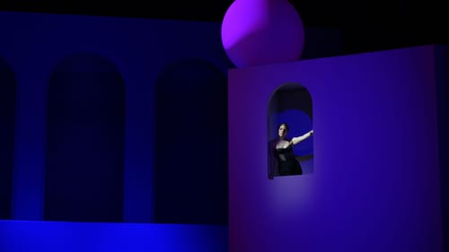In a purple-washed abstract set of arched openings and a huge orb, Reiter, in a black bodice, leans dramatically in a window