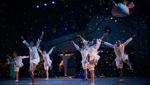 About 8-10 dancers or so can be seen on stage, snow falling on/around stage, dancers in all white in mid-movement