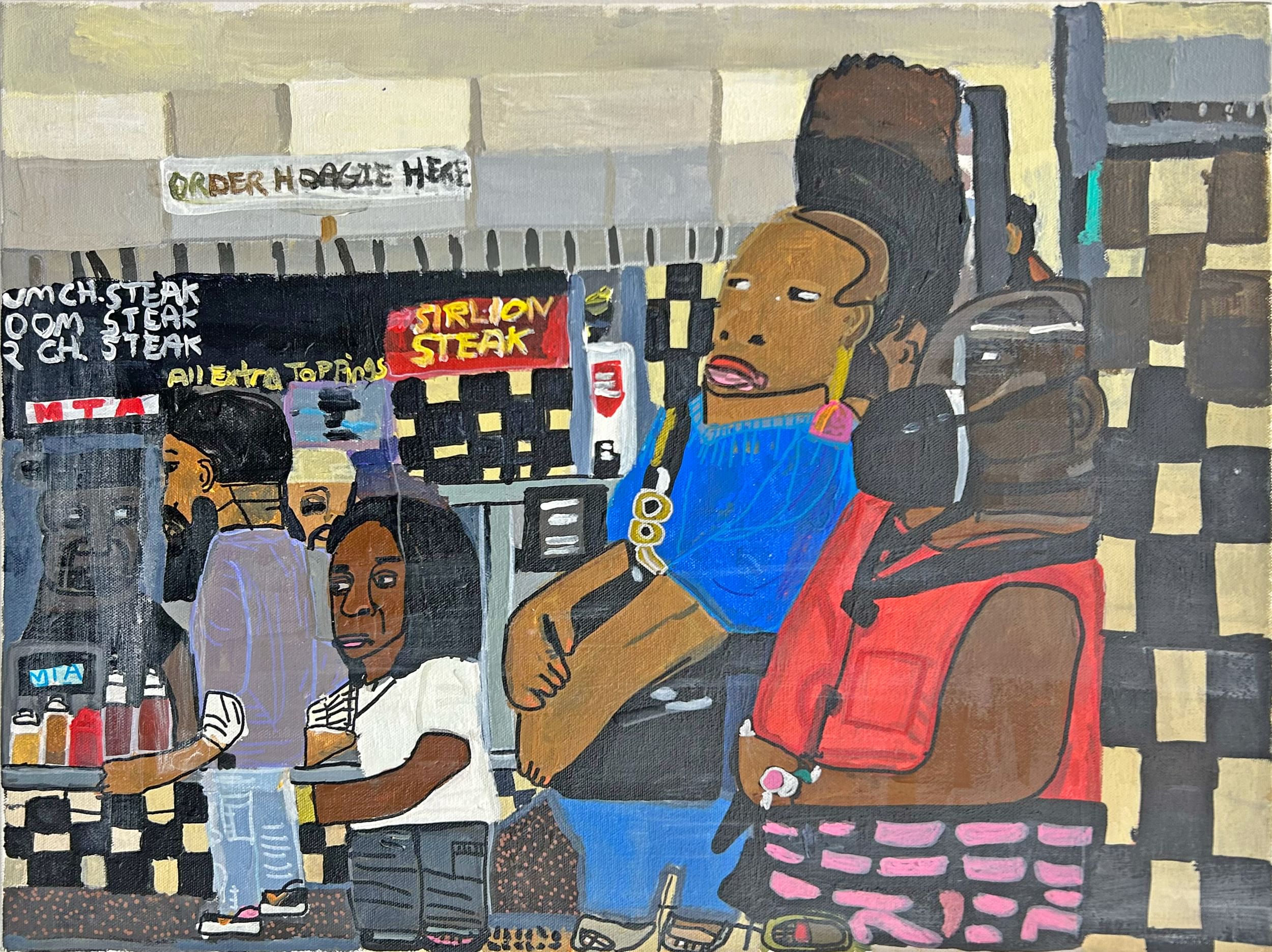 Colorful, stylized painter’s view of a cheesesteak shop with four customers in line.