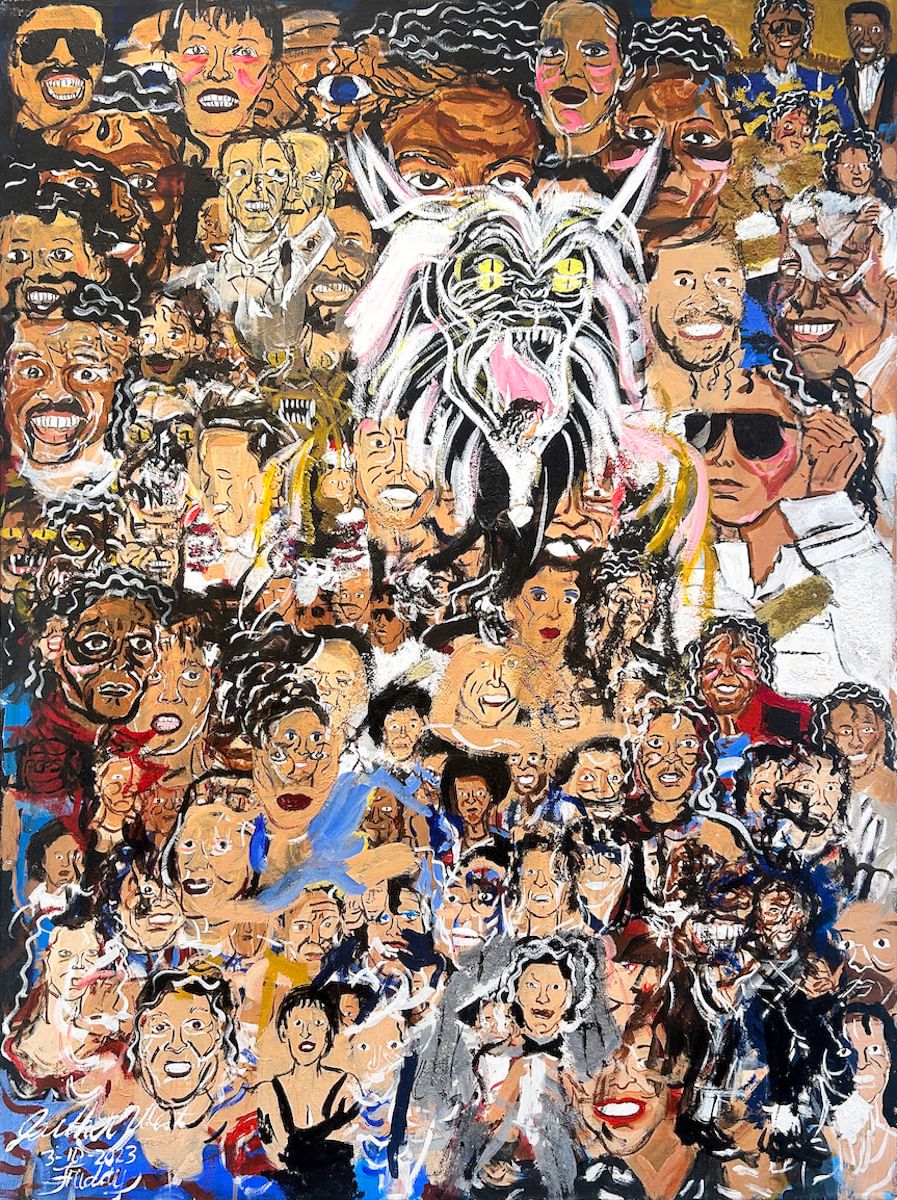 Dozens of different impressionistic faces crowd the canvas, including a big white werewolf.
