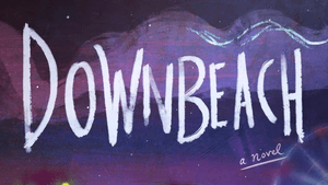 Title above & author below in chalky white & blue letters over a blurry image of a young man and nighttime boardwalk carnival
