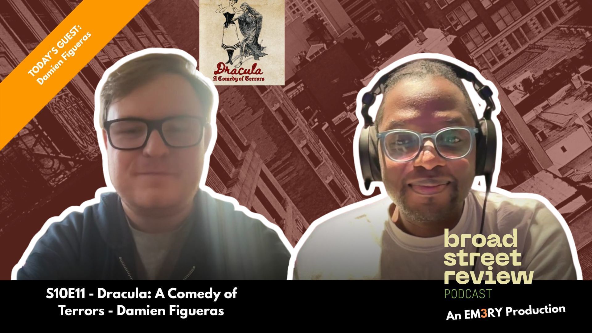 Illustration shows Damien and Darnelle side by side with a cityscape behind them, with the ‘Dracula’ and BSR logos.