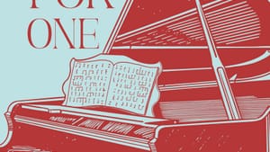 Book cover. Duet For One in red caps by an illustrated grand piano that is open, in red in white.