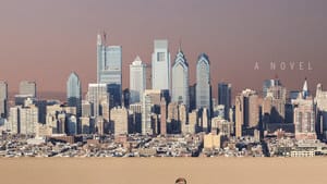 The book cover. In hazy purple distance, the Philly skyline; in the foreground, a desert with a car & parking meter at right.