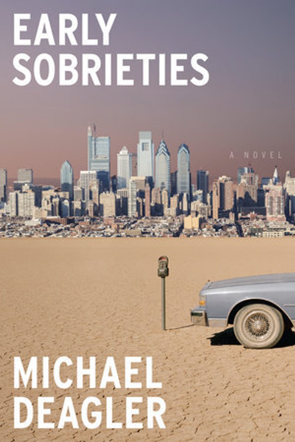 The book cover. In hazy purple distance, the Philly skyline; in the foreground, a desert with a car & parking meter at right.