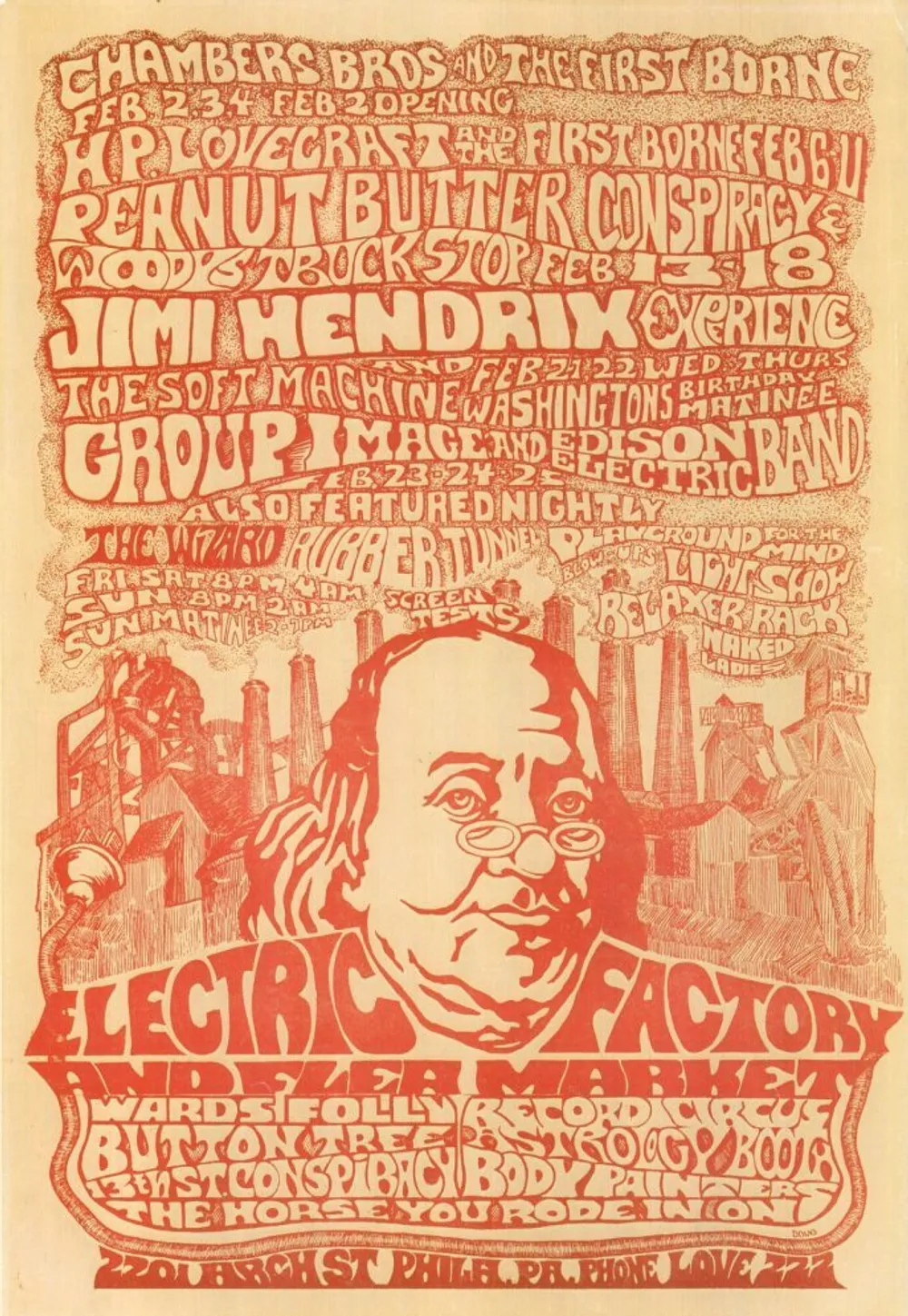 Vintage opening-night poster with all the featured bands & Franklin’s face in front of a factory, all in orange ink.