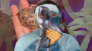 Mixed media image, a person holds a mask that has a TV still image embedded in it to their face, various images behind them