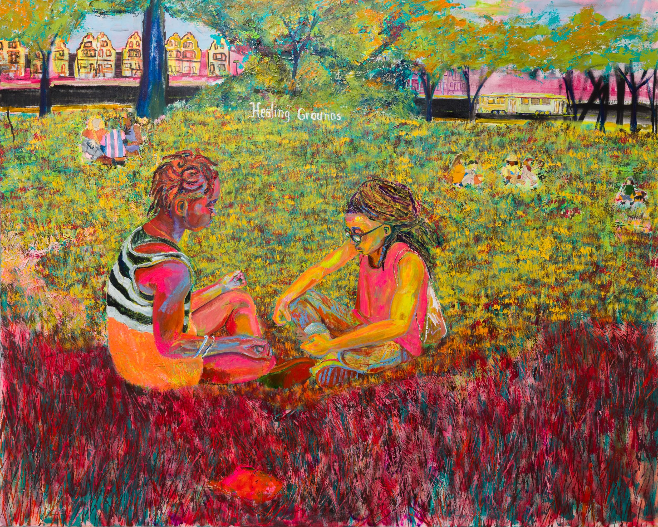Illustration, two black girls in grass w/ legs crossed face each other, other people and row homes in background