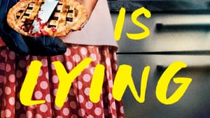 Book cover, title in yellow font. A woman in an apron holds a pie cut with a knife with fruit smeared that looks like blood