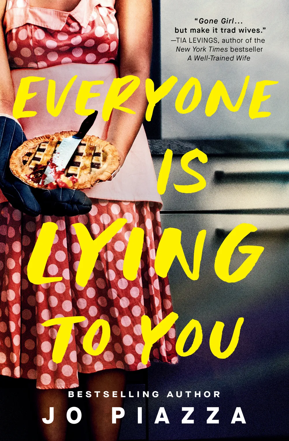 Book cover, title in yellow font. A woman in an apron holds a pie cut with a knife with fruit smeared that looks like blood