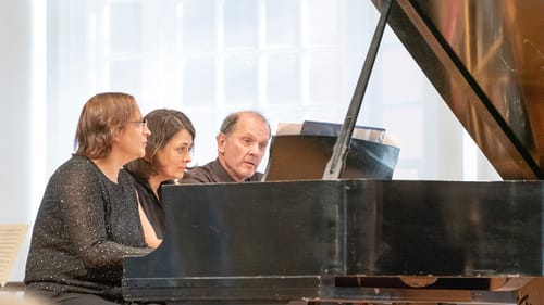 Michal Schmidt, Katarzyna Salwinski, and Rollin Wilber play Liszt’s 'Grand Galop Chromatique,' for six hands. (Photo by Don Wilson.)