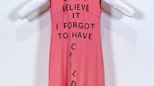 Vintage sleeveless pink dress with the artwork title written on it in large black block lettering.