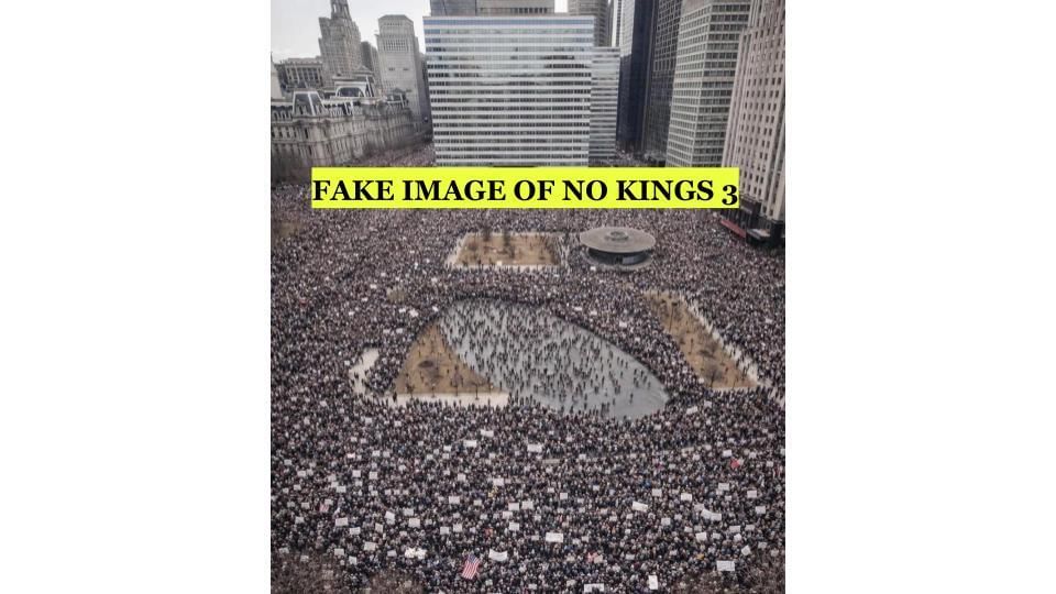 False aerial view of a huge AI-generated crowd on a landscape that looks sort of like Center City Philadelphia.