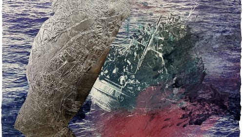 Foreboding photo of a small crowded boat at sea, overlaid with dramatic ink and foil elements.