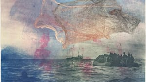 Foreboding photo of a small crowded boat moving toward a big one on the horizon, overlaid with ink and fiber elements.
