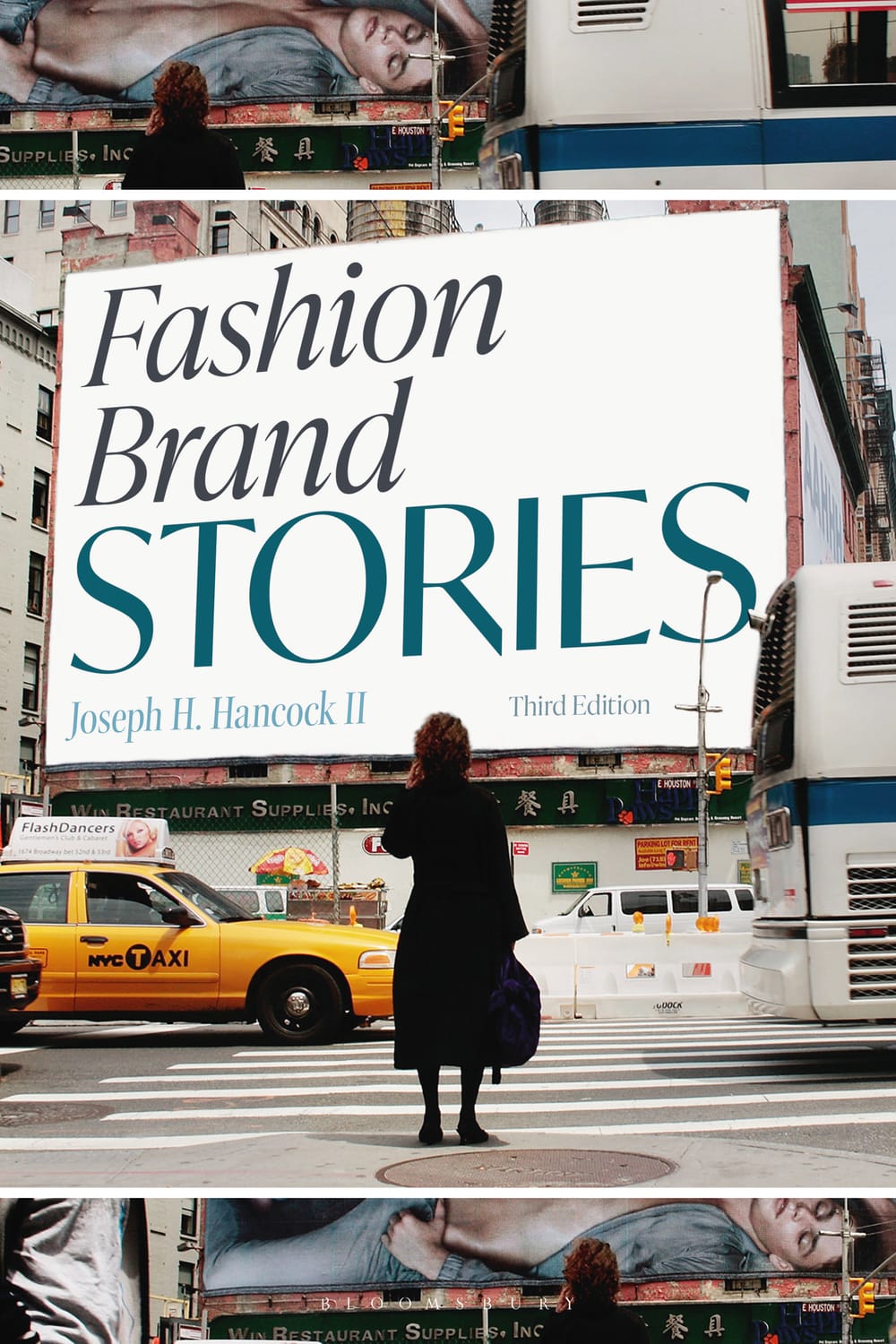 Book cover: title appears like a huge billboard on a city street. A woman, silhouetted from behind, faces it.