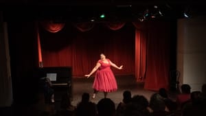 Scene from the show: photo from the back of the audience shows Lexi singing joyfully in a pink dress, against a red backdrop.