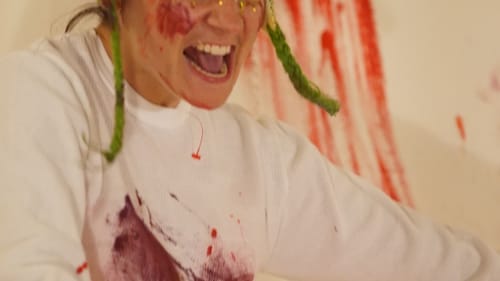 There's a colorful splash zone at Magda's BOK show. (Image courtesy of FringeArts.)