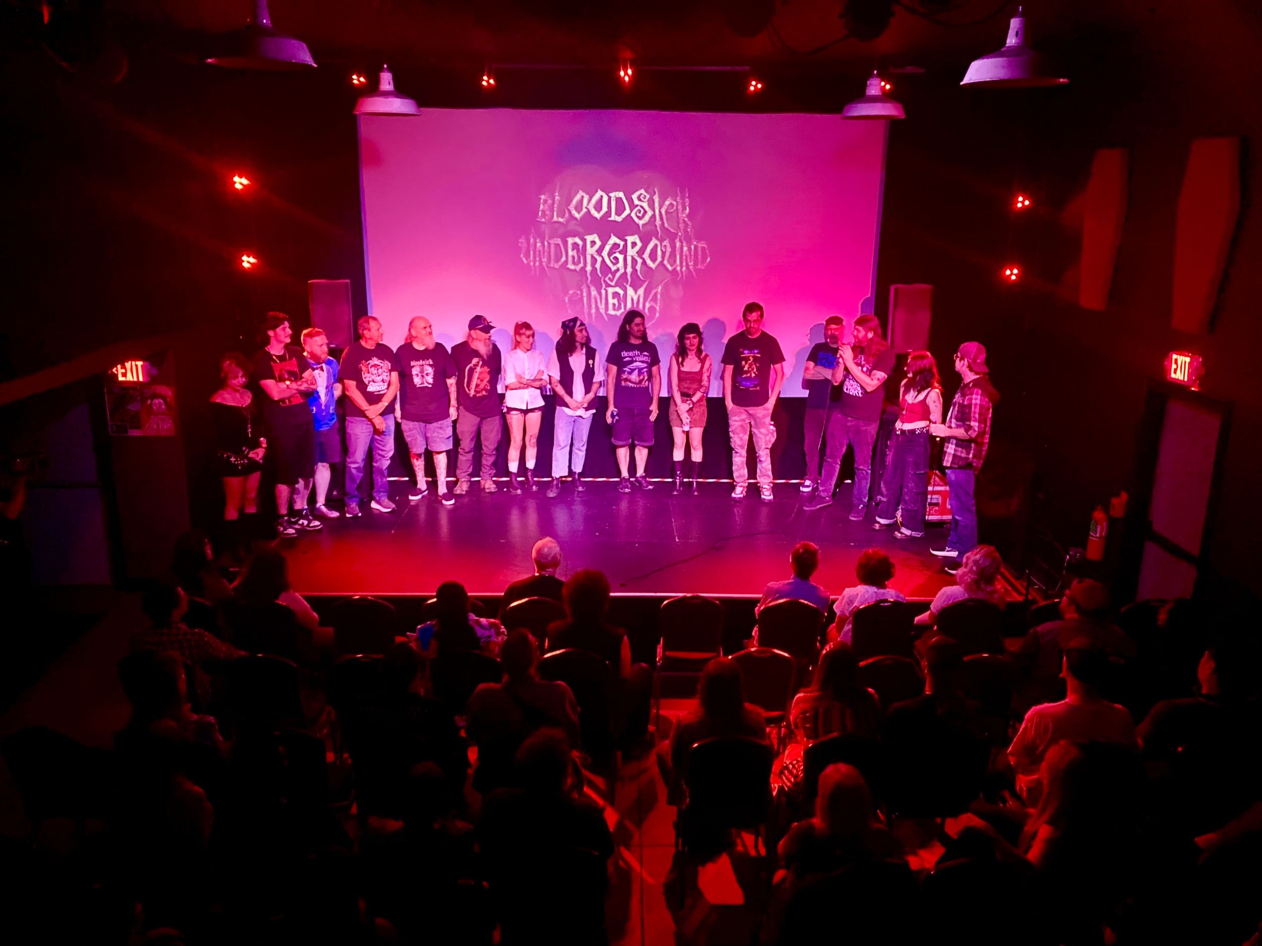 In hot pink lights, 15 people form a semicircle onstage in a crowded theater, the Bloodsick logo projected behind them.