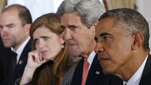 L to R: Rhodes, Powers, Kerry, and Obama: in Baker's film, a dream team. (Photo via IMDB.com.)