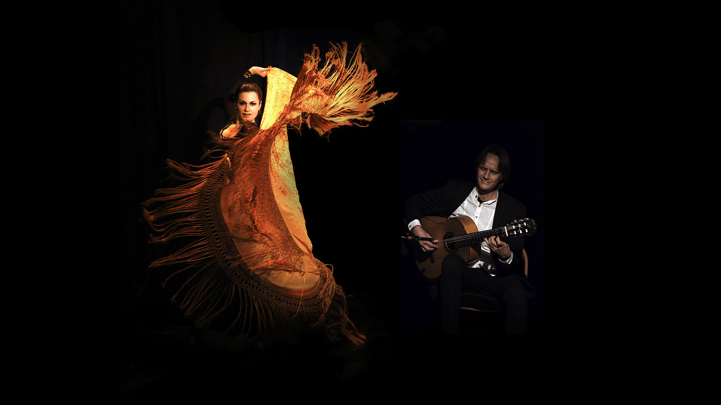 Bayaz dances in an orange mantilla flinging its fringe like flames while Mannola plays the guitar.