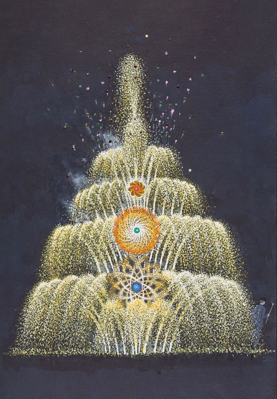 A soft-focus painting looks like a rounded four-tier layer cake of golden sparks, with orange wheels spinning at front