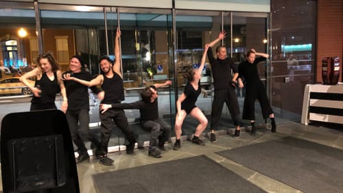 A complex graffito come to life: the ‘Foreign Tongues’ ensemble in the Kimmel’s Commonwealth Plaza. (Photo by Camille Bacon-Smith.)