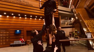 Like a tower of Babel: the ‘Foreign Tongues’ ensemble in the Kimmel’s Commonwealth Plaza. (Photo by Camille Bacon-Smith.)