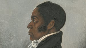 Forten, in profile in a historic painted portrait. He wears a high-collared black coat & white cravat, and neutral expression