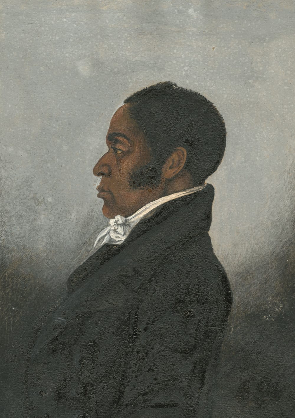 Forten, in profile in a historic painted portrait. He wears a high-collared black coat & white cravat, and neutral expression