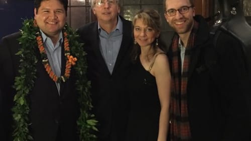 L to r: Dolce Suono with composer Michael-Thomas Foumai, pianist Charles Abramovic, flutist Mimi Stillman, and cellist Nathan Vickery. (Photo by Ronni Gordon)