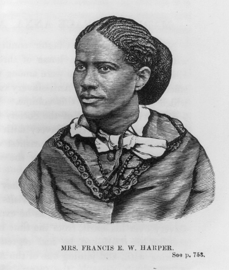 Black & white engraving of Harper, a Black woman, in 18th-century garb with a pleasant but serious expression.