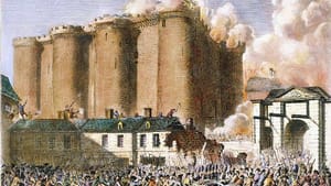 A color rendering of the French Revolution in 1789. A fortress burns and homes collapse behind a mass of armed people