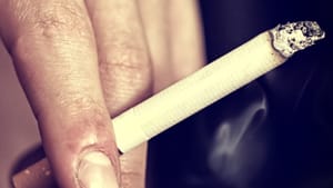 Book cover: title & author appear in bottom right corner over a close-up photo of a hand holding a lit cigarette.